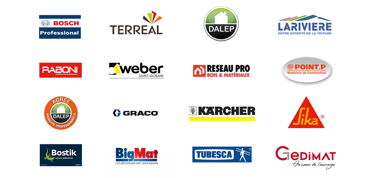 Partenaires de toiture : Bosch, Terreal, Dalep, Lariviere, Raboni, Weber, Reseau Pro, Point.P, Graco, Kärcher, Sika, Bostik, BigMat, Tubesca, Gedimat